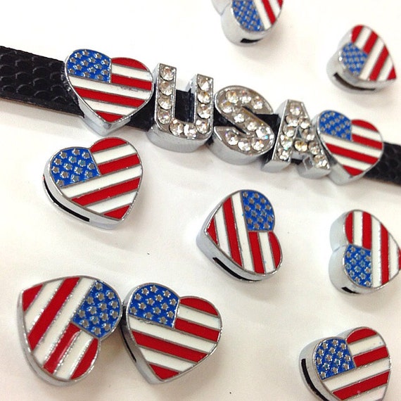 Set of 10pc American Flag in Heart Shape Slide Charm Fits 8mm Wristband for Jewelry / Crafting