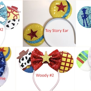 May include: Six different Toy Story themed hair accessories. The accessories include a scrunchie, a headband with a red bow, and four headbands with different character designs. The character designs include Woody, Buzz Lightyear, and a combination of characters from the movie.