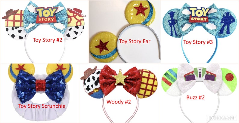 May include: Six different Toy Story themed hair accessories. The accessories include a scrunchie, a headband with a red bow, and four headbands with different character designs. The character designs include Woody, Buzz Lightyear, and a combination of characters from the movie.