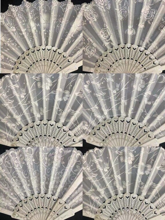 Set of 6 12 50 75 100 White Summer Glitter Beige ivory gold Folding Fan w Gift Bag tags Wedding gift guest Religious party favor bulk fans