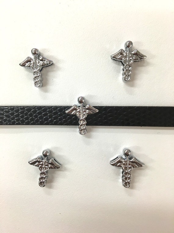 Set of 10pc Caduceus Medical Slide Charm - Fits 8mm Wristbands for Jewelry / Crafting