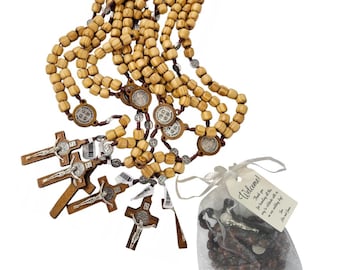 Sample 1 pc St benedict  olive Wooden crystal rosary necklace for baptism , mini stand wedding , wood cross  memorial religious favor