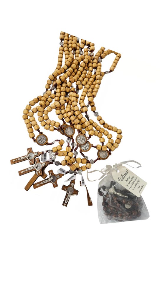 Set of 12 x wholesale bulk st benedict  olive Wooden crystal rosary necklace for baptism , mini stand wedding , memorial religious favor