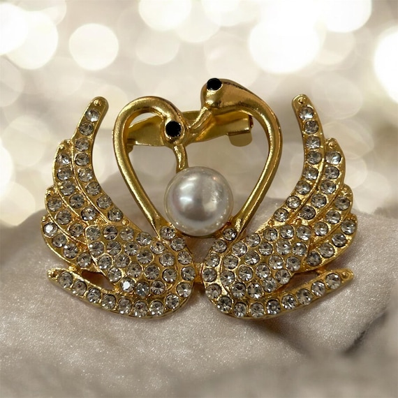 Gold swans faux pearl Crystal Rhinestone butterfly  Brooch - Use for Wedding Bouquet / Bridal Sash / Flower Embellishment /