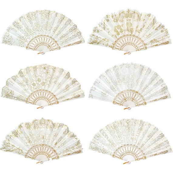 Set of 6/12/50/75/100 White Summer Glitter Folding Fan w/ Gift Bag for Wedding gift guest /Religious party favor/bulk wholesale fans