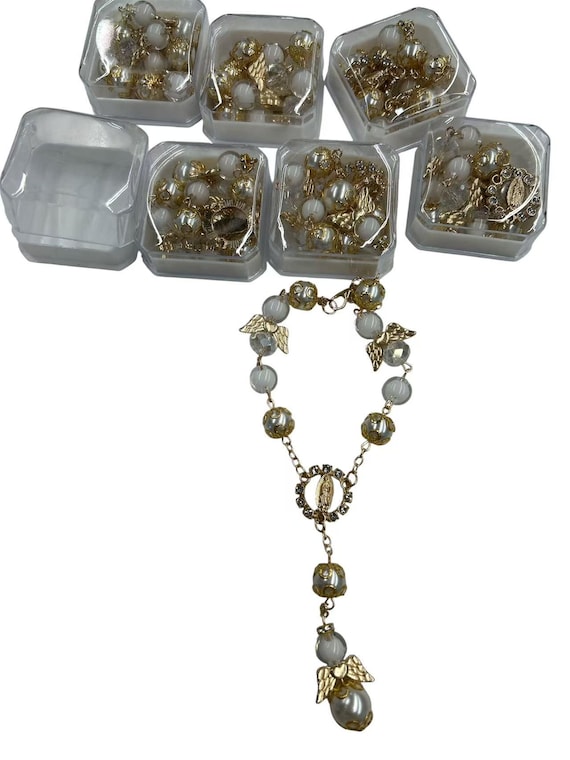 Set of 12 x White Pearl mini rosary, Gold Cross angel for Baptism and Christening  First Communion Recuerdos para Primera Comunion Memorial