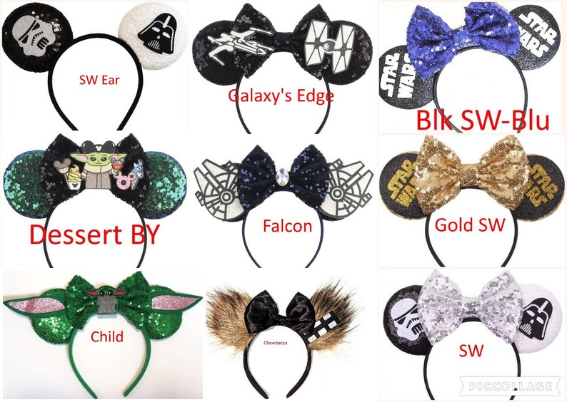Pode incluir: Uma cole&ccedil;&atilde;o de nove tiaras com v&aacute;rios designs tem&aacute;ticos de Star Wars, incluindo orelhas com lantejoulas, aplica&ccedil;&otilde;es de personagens como Grogu e Darth Vader, e la&ccedil;os. Cada tiara exibe cores, texturas e imagens ic&oacute;nicas &uacute;nicas da franquia.