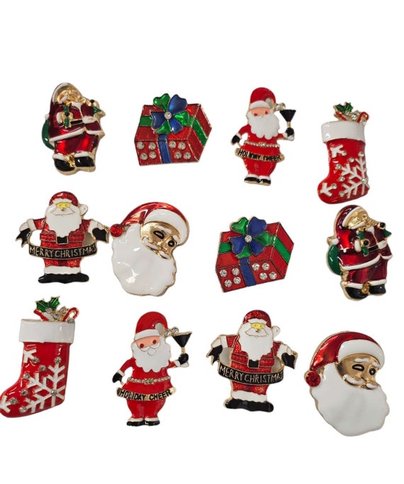 NEW! Set of 12 Vintage Inspired rhinestone Christmas Brooch Lot Holiday Brooch / Christmas Tree / Snowman / Xmas Pin Lot / Party Favor