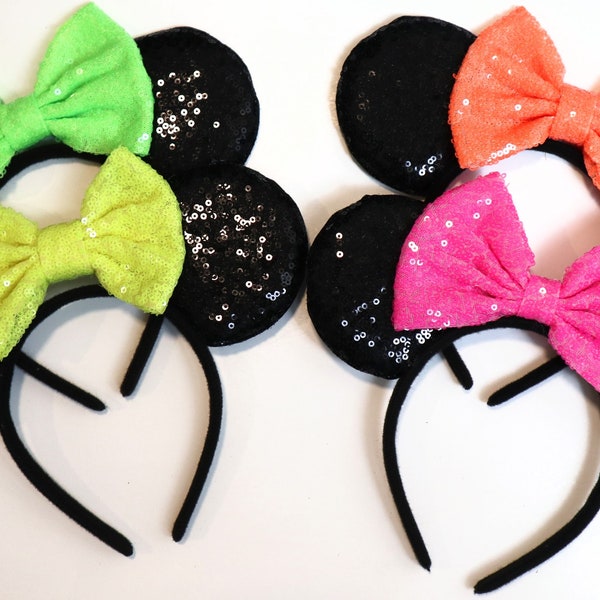 Neon Minnie ears, Minnie mouse ear Neon color, Neon Mickey mouse ears headband, Disney, Neon yellow green hot pink orange ears, Neon ears