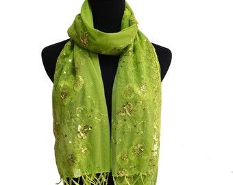 Apple Light green Sequin Wedding Scarf Shawl / Mother's Day Gift / Evening Prom Accessories / Sequin Glitter Beaded Shawl Scarf Veil Formal