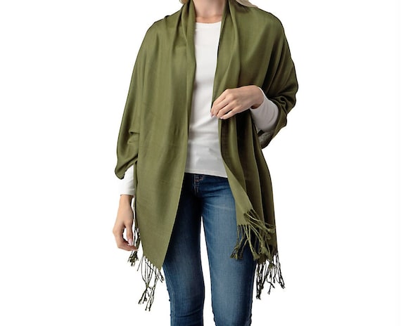 Olive Green Pashmina Scarf Shawl / Personalized Initial Shawl / Bridesmaid Shawl / Green Shawl / Bridal Shawl / Wedding Shawl / Bridal Wrap