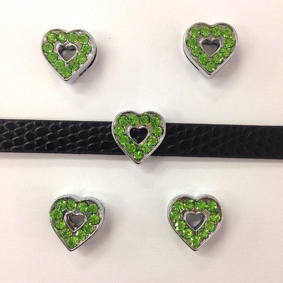 Set of 10pc Green Rhinestone Heart Slide Charm fits 8mm Wristband for Jewelry / Crafting / Charm Bracelet / 8mm Slide Charm / Charm Necklace