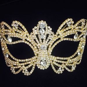 Base per maschera da ballo in cristallo con strass dorati, maschera da festa fai da te, maschera decorativa, maschera per il viso, maschera di Halloween, decorazione per torta, apparecchiatura da tavolo 7" x 3,5"