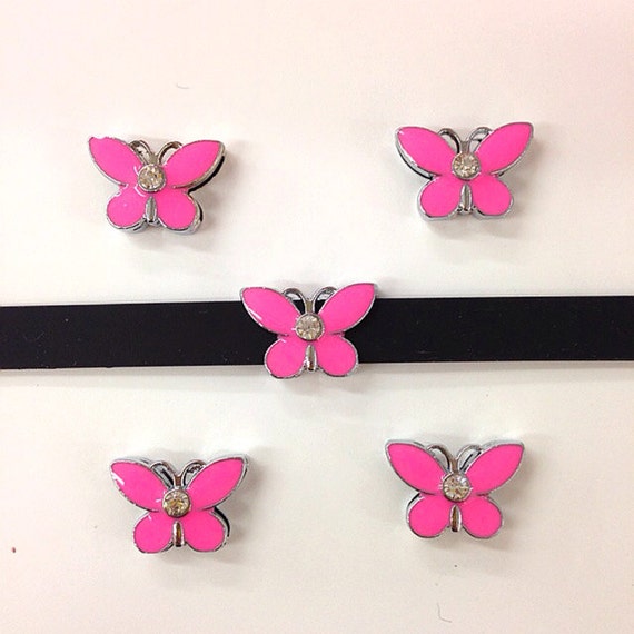 Set of 10pc Hot Pink Rhinestone Butterfly Slide Charm Fits 8mm Wristband for Jewelry / Crafting