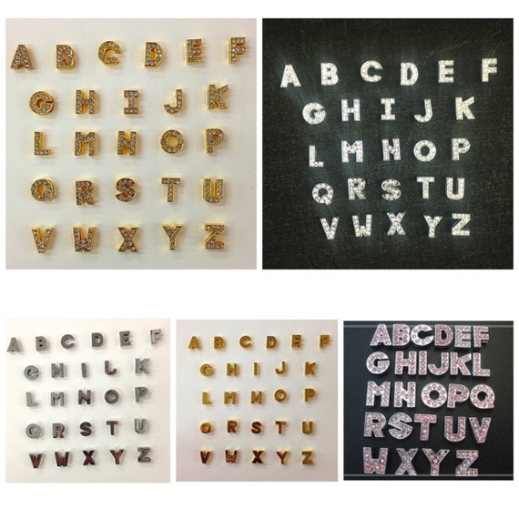 26pc Silver/Gold/Pink Rhinestone / Plain Letters A-Z sets Alphabet English Letters or Pick Your Own Letters - Fits 8mm Slide Bracelets