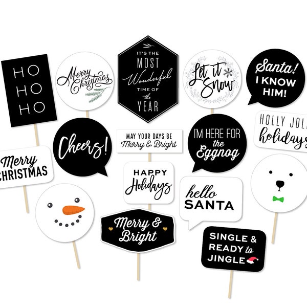 Modern Photo Booth Props - Christmas Photo Props - Black and White Christmas - Christmas Typography - Elf - Merry and Bright - Printable