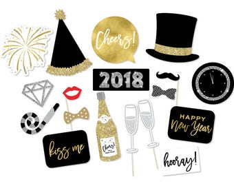 NYE Party - New Year's Eve Photo Booth Props - New Years Props - New Years Photo Booth - 2018 New Year's - Black Gold Photo Props -NYE Party