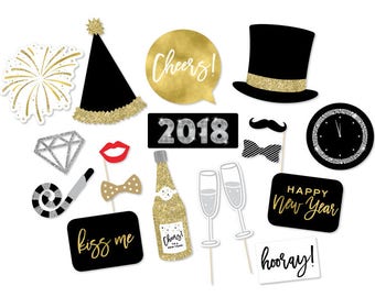 New Year's Eve Photo Booth Props - New Years Props - NYE Props - New Years Photo Booth - 2018 New Year's - Black Gold Photo Props -NYE Party