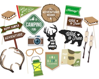 20 Pc. Happy Camper Photo Booth Props Bow Tie Camping Photo Booth Prop Kit with Mustache Hat Glasses and Custom Talk Bubble