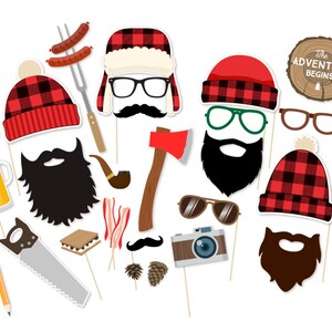 May include: A set of 18 printable photo booth props with a lumberjack theme. The props include a variety of hats, glasses, mustaches, beards, and other accessories. The text "The Adventure Begins" is featured on a wooden sign.