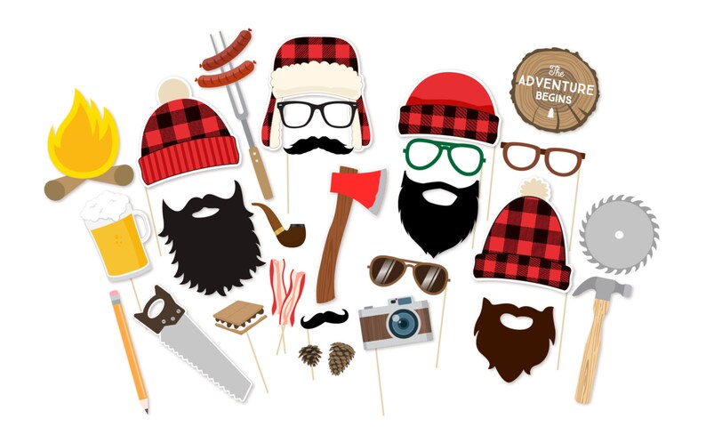 May include: A set of 18 printable photo booth props with a lumberjack theme. The props include a variety of hats, glasses, mustaches, beards, and other accessories. The text "The Adventure Begins" is featured on a wooden sign.