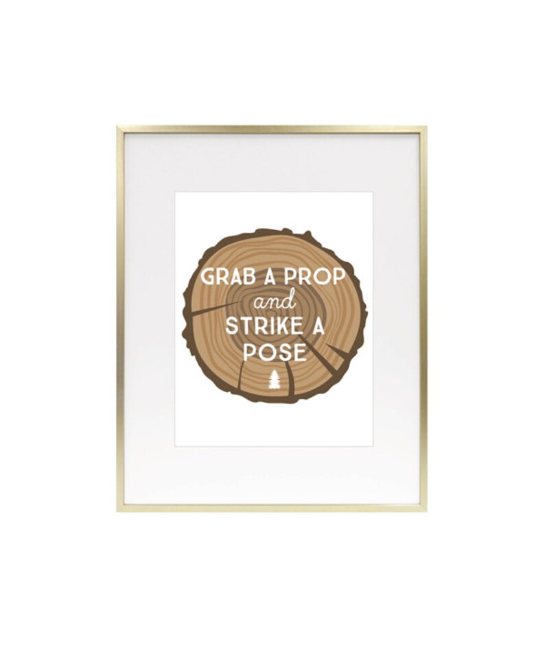 May include: A gold-framed print with a woodgrain background and the text "Grab a prop and strike a pose".