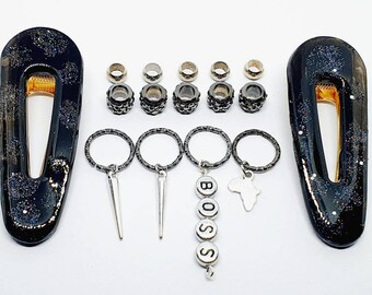 White and Glitter slides with charms Textured rings Native Hippie Handmade Hair accessory pack Loc Jewellery Boho Africa Beads