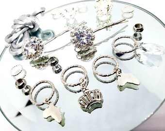 White and Glitter slides with charms Textured rings Native Hippie Handmade Hair accessory pack Loc Jewellery Boho Africa Beads