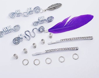 White and Glitter slides with charms Textured rings Native Hippie Handmade Hair accessory pack Loc Jewellery Boho Africa Beads