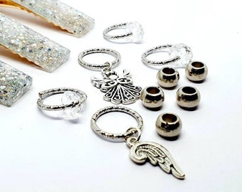 White and Glitter slides with charms Textured rings Native Hippie Handmade Hair accessory pack Loc Jewellery Boho Africa Beads