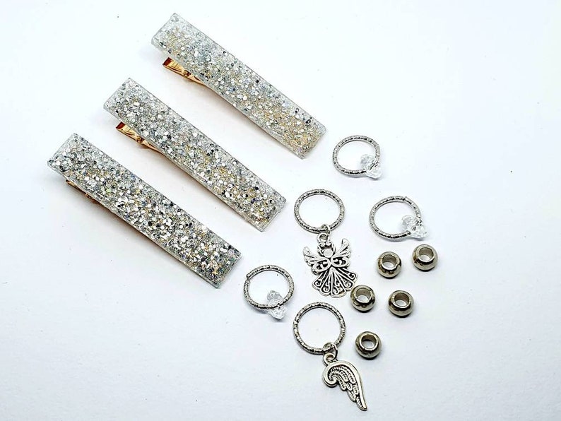 White and Glitter slides with charms Textured rings Native Hippie Handmade Hair accessory pack Loc Jewellery Boho Africa Beads