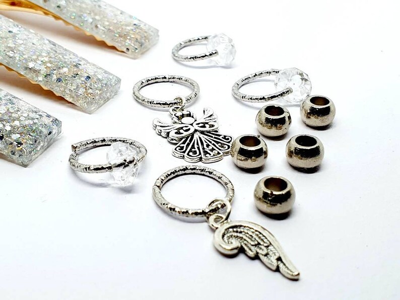 White and Glitter slides with charms Textured rings Native Hippie Handmade Hair accessory pack Loc Jewellery Boho Africa Beads