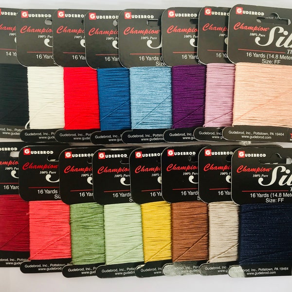16 Cards Gudebrod Champion 100% Pure 3-Ply Silk Bead Cord Thread, Size FF & FFFF, 16 Assorted Colors, 16 Yds per Winder Card