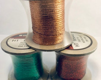 3 Spools of Gudebrod Metallic Flat Braid Soutache, Green, Red/Black & Copper; 1/8" wide 250 Yards per spool.