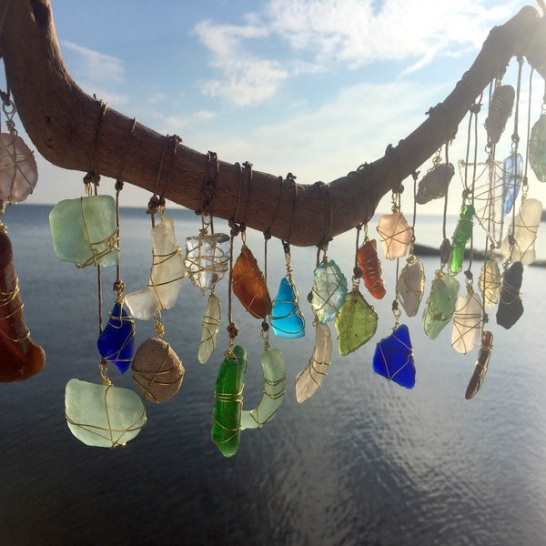 Beach Glass Suncatcher Sea Glass Art Driftwood Mobile Beach Wedding Eco Friendly Art Lake Erie Ohio