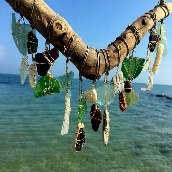 Bohemian Windchime Seaglass Suncatcher Whimsical Pottery Driftwood Mobile Lake Erie Beach Glass Eco Friendly Art