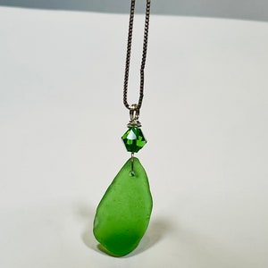 Beach Sea Glass,  August Birthday,  Crystal Necklace, Eco Friendly Necklace,  Beach Wedding, Green Gift,  Lake Erie,  Ohio Buckeyes