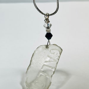 Beach Sea Glass,Embossed Sea Glass Pendant, Wine Tasting,  Gallo Wine, Beach Wedding,Whimsical Necklace, Crystal Necklace