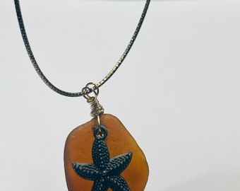 Sea Glass Pendant, Starfish Necklace, Recycled Sea Glass, Upcycled Jewelry, Lake Erie, Ohio Buckeyes ,Nautical Birthday,  Eco Friendly