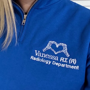 Custom Medical Quarter Zip Sweatshirt – Embroidered Name & Heart Hand Skeleton Design, Radiology, Diagnostic Imaging, X-Ray, Rad Techs