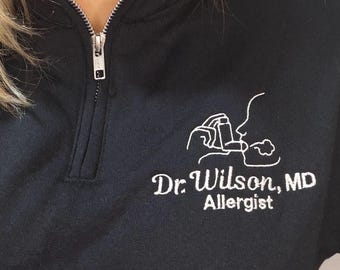Custom Allergist, Pulmonary, Respiratory Medical Quarter Zip Sweatshirt – Embroidered Name, Title & Inhaler Design (S-3XL, Unisex)