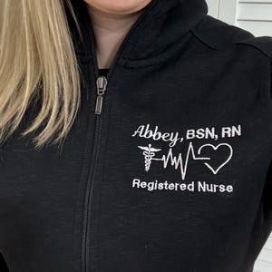 Custom Medical Jacket For Women, Full Zip Sweatshirt With Zippered Pockets, Embroidered Name, Credentials, Title, or Department, Grad Gift
