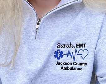 EMT EMS Custom Quarter Zip Collar Sweatshirt, Rescue, Fire, Shirt 1/4 Zip Sweatshirt, Work Shirt, Emergency Response, Star Of Life