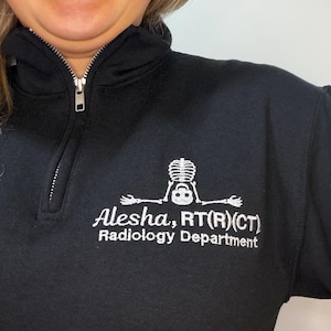 Personalized X-Ray Sweatshirt, Gift for Radiographer, Radiology Grad Gift RT, X-ray Tech Quarter Zip Pullover Rad Tech Skeleton Embroidered