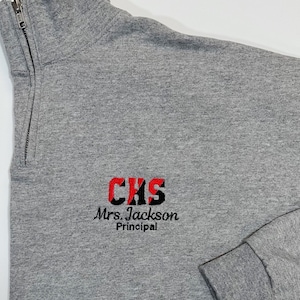 Teacher pullover sweatshirt jacket, school colors and name, personalized gift, quarter zip, embroidered, customized for men and women