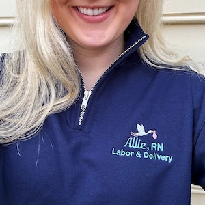 Gift For Nurse, Labor & Delivery Doctor, PICU, NICU Stork Jacket | Personalized Medical Jacket | Quarter Zip Sweatshirt For Women | L and D