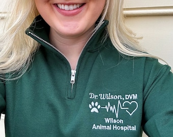 Quarter Zip Vet Sweatshirt, Personalized Gift For Veterinarian, Vet Tech, LVT or DVM Graduation Gift, Dog, Cat Paw Veterinarian Office Wear