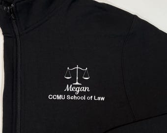Sweat-shirt personnalisé de faculté de droit pour femme et homme, fermeture éclair complète personnalisée avec le nom de l'établissement, programme universitaire d'enseignement juridique, cadeau de remise des diplômes