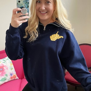 West Virginia Sweatshirt For Women | WV State Pullover Fleece | Gingham Applique Gold & Blue Game Day Sweater