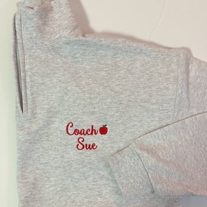 Teacher or coach pullover sweatshirt jacket, apple and school name, personalized teacher gift, quarter zip, embroidered, customized